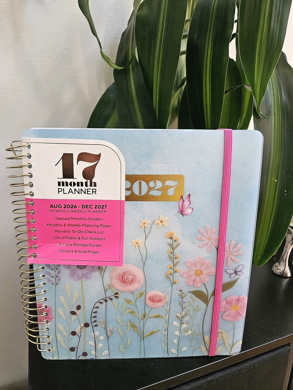 2027 Floral Spiral Planner with Pink Elastic W/dividers - Picture 2 of 9